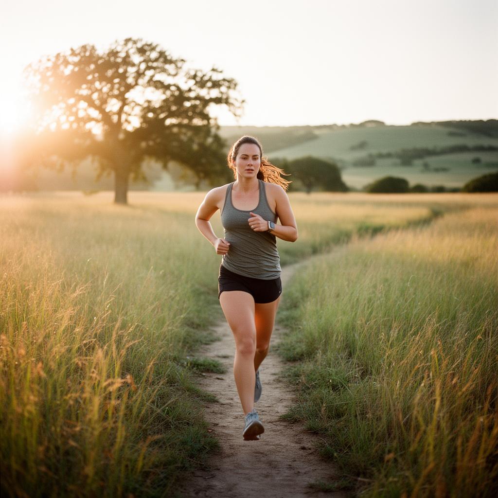 Woman jogging through Oklahoma tallgrass prairie at golden hour