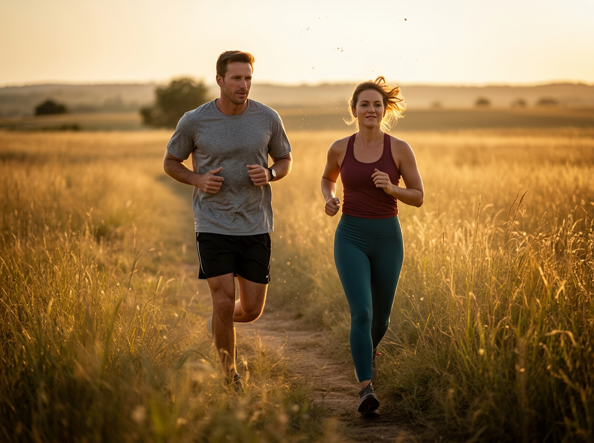 A man and woman jogging together on an Oklahoma prairie trail at golden hour